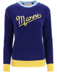 Marni Logoed Shetland Wool Jumper - Blue