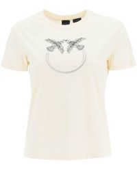 Pinko 'quentin 3' T-shirt With Love Birds Embroidery - Natural