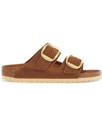 Birkenstock - Oiled Leather Cognac Slippers With Large Golden Buckles - Lyst