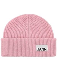 Ganni - Beanie Hat With Logo Label - Lyst