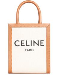 Celine - Mini Vertical Cabas In Textile With Print And Calfskin In Tan - Lyst