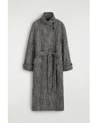 COS - Belted Herringbone Wool Mock-Neck Coat - Lyst