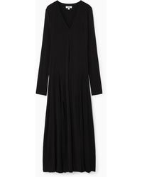 COS Oversized V-neck Wool Dress in Black | Lyst