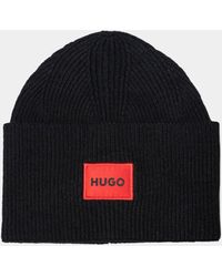 HUGO - Xaff 6 Knitted Beanie Hat With Ribbing And Red Logo Label - Lyst