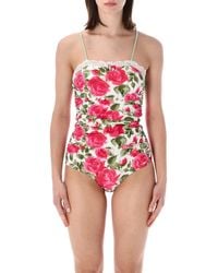 Chloé - Ruched One-Piece Swimsuit With Rose Print, Bow Detail & Stretch Fit - Lyst