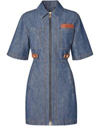 Fendi - Short Cotton Denim Shirt-Collar Dress With Zip Front And Leather Details - Lyst