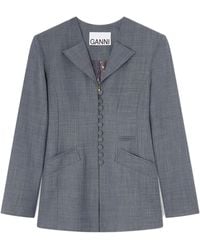 Ganni - V-Neck Button-Front Wool Blend Jacket With Back Slit Pockets - Lyst