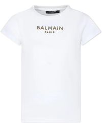 Balmain - Round Neck Short Sleeve Shirt With Contrasting Logo - Lyst