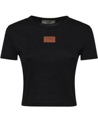 Fendi - Cotton Crewneck Logo Top With Ribbed Knit And Leather Patch - Lyst