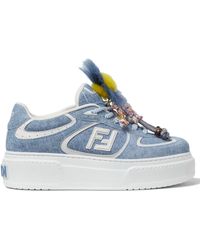 Fendi - Denim-Effect Printed Suede Platform Sneakers With Charms - Lyst