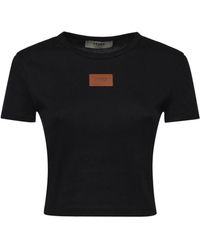 Fendi - Cotton Crewneck Logo Top With Ribbed Knit And Leather Patch - Lyst