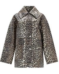Ganni - Leopard Laminated Cotton Jacket - Lyst