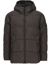 Stone Island - Mud-Colored Crinkle Reps Ny Hooded Down Jacket With Logo Badge On The Left Sleeve - Lyst