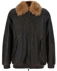 Brunello Cucinelli - Leather Jacket With Fur Collar Coat - Lyst