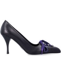 Prada - Antiqued Leather Logo-Lace Tapered Pump With 9 Cm Heel - Lyst