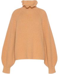 Max Mara - Slightly Oversized High-Neck Sweater With Ruffled Trim And Puff Raglan Sleeves - Lyst
