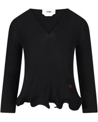 Fendi - Long-Sleeved V-Neck Wool Top With Embroidered Logo - Lyst