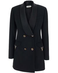 Versace - Wool Double-Breasted Jacket With Crystal Lapel Details And Logo Accents - Lyst