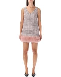 Self-Portrait - Bouclé Mini Dress With Faux Fur Hem - Lyst
