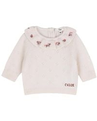 Chloé - Kids Floral Pointelle Knit Sweater With Ruffled Collar And Drawstring Waist - Lyst
