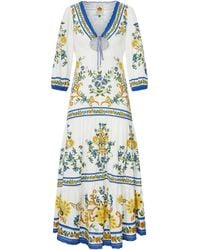 FARM Rio - Floral Print Midi Dress With V-Neck Drawstring And Wide Three-Quarter Sleeves - Lyst