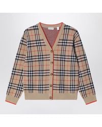 Burberry - Mini Check Wool Cardigan With V-Neck And Contrast Trim - Lyst