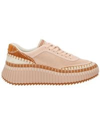 Chloé - Nama Embroidered Leather-Trimmed Suede Platform Sneakers - Lyst