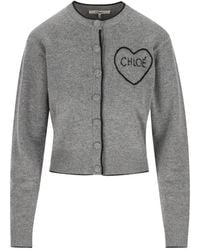 Chloé - Contrast-Trim Mock Neck Sweater With Fabric-Covered Buttons And Embroidered Logo, Size S - Lyst
