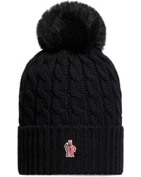 Moncler - Cable Knit Wool Beanie With Long-Haired Sheepskin Pom-Pom And Logo Patch - Lyst