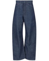 Lemaire - Cotton Denim Jeans With Leather Jacron Detail - Lyst
