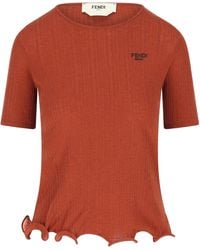 Fendi - Ribbed Knit Crew Neck Top With Wave Hem And Logo Embroidery - Lyst