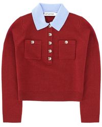 Self-Portrait - Knit Polo Sweater With Contrast Collar And Patch Pockets - Lyst