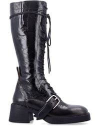 Miista - Lace-Up Knee-High Boot With Buckle Strap - Lyst