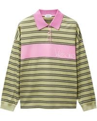 Versace - Embroidered Logo Long Sleeve Shirt With Three-Button Closure, Ribbed Trim, Size 38 - Lyst