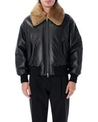 Ami Paris - Leather Bomber Jacket With Fur Collar - Lyst