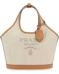 Prada - Linen Blend And Leather Tote Bag - Lyst