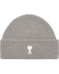 Ami Paris - Wool Blend Beanie Hat With Logo Patch - Lyst