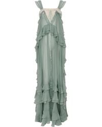 Chloé - Long Organic Silk Dress With Layered Ruffles And V-Neck Lace Inserts - Lyst