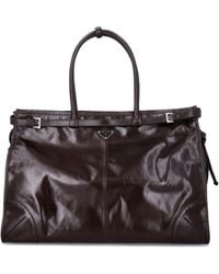 Prada - Leather Tote Bag With Buckle Straps - Lyst