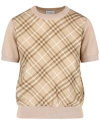 Burberry - Check-Front Short Sleeve Knit Top - Lyst
