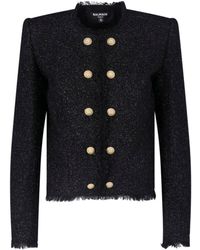 Balmain - Cropped Tweed-Style Fringe Trim Jacket - Lyst