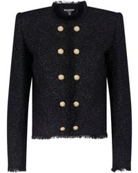 Balmain - Cropped Tweed-Style Fringe Trim Jacket - Lyst