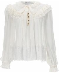 Self-Portrait - Sheer Ruffle Trim Tie-Neck Blouse - Lyst