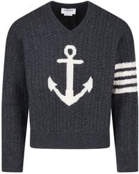 Thom Browne - Anchor Intarsia V-Neck Cable-Knit Sweater - Lyst