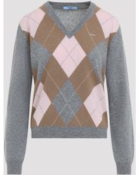 Prada - Grigio Cammello Argyle V-Neck Sweater - Lyst