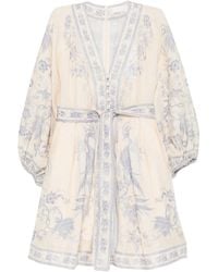 Zimmermann - V-Neck Linen Mini Dress With Button-Down Front, Removable Belt & Invisible Back Zip (Size 0) - Lyst