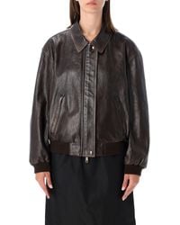 Prada - Lambskin Leather Bomber Jacket With Shirt Collar And Embossed Logo - Lyst