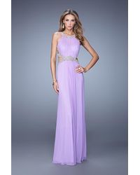 La Femme Embroidered Strappy Open Back Evening Gown - Purple