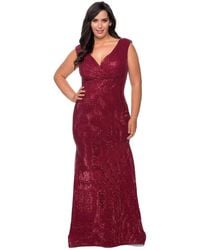 La Femme Sequined Faux Wrap Gown 28962sc 1 Pc Wine In Size 12w Available - Red