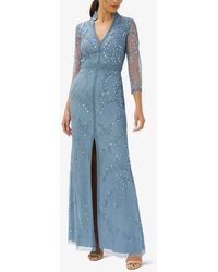 Adrianna Papell Petite Collared Beaded 3/4-sleeve Gown - Blue